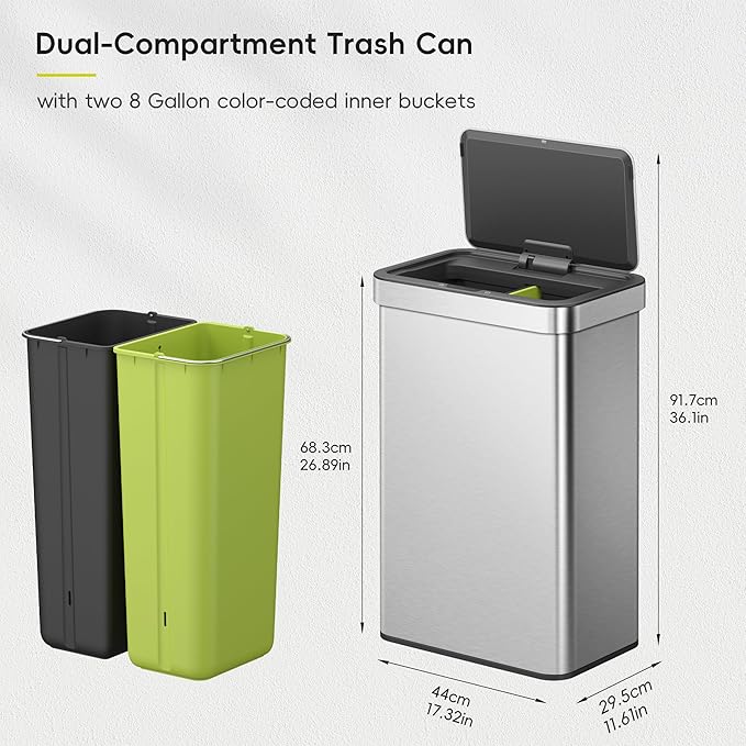 EKO Econova 30L+30L Dual Compartment Motion Sensor Trash Can, 16 Gallon - Image 2