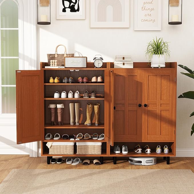 Farmhouse Shoe Cabinet with Doors, 6-Tier Wooden Shoe Organizer with Adjustable - Image 6
