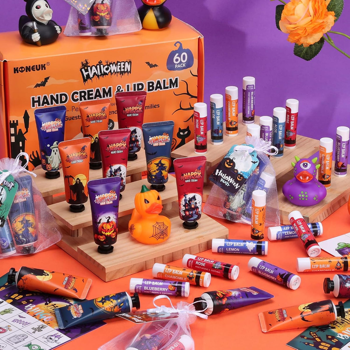 60 Pack Halloween Hand Cream and Lip Balm Set for Women, Halloween Gifts