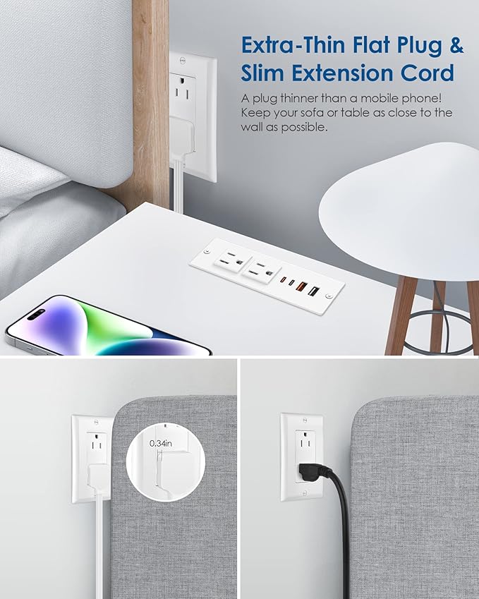 30W USB C Recessed Power Strip, Flat Plug Power Strip, 2 Outlets 4 USB Ports - Image 4