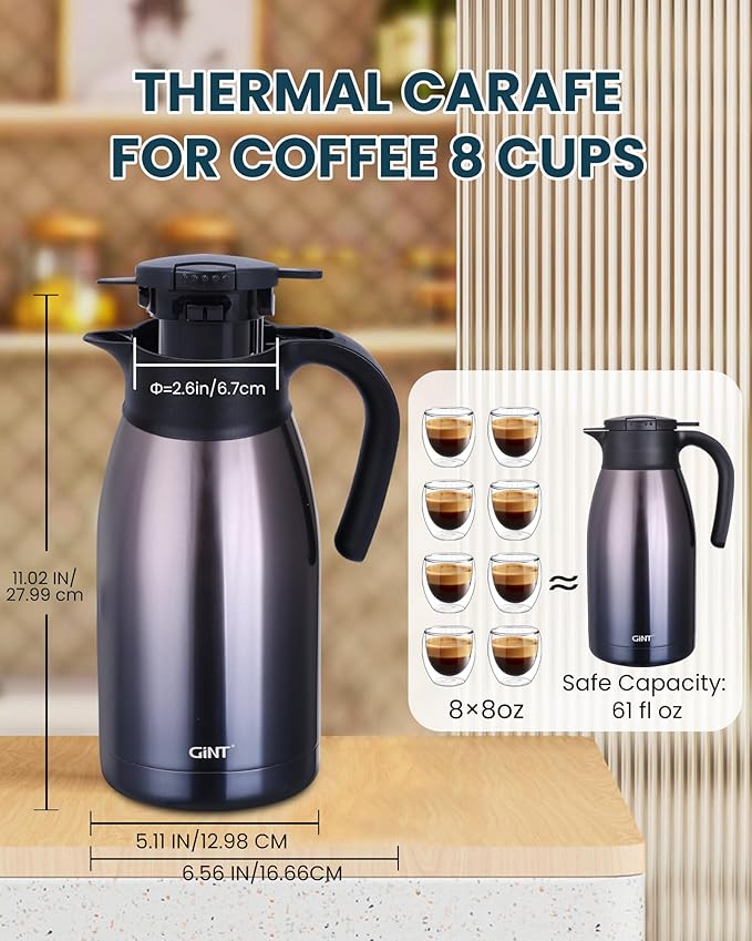 GiNT 1.9L / 64Oz Thermal Coffee Carafe, Insulated Stainless Steel Coffee Carafes - Image 5