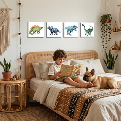 Dinosaur Wall Art for Boys Room Decor - 10" x 10" Set of 4 Dinosaur Canvas Art Watercolor Prints, Retro Nursery Wall Decor for Toddler Bedroom Playroom, Watercolor Dino Pictures Ready to Hang