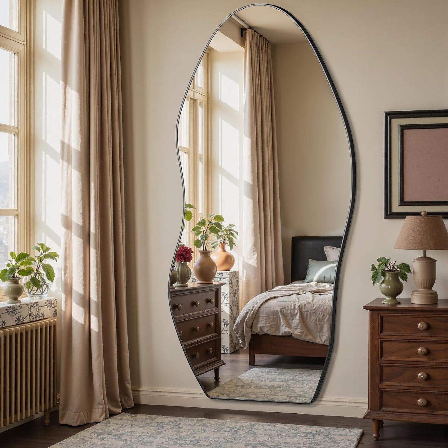 Antok Irregular Full Length Mirror, 76"x36" Asymmetrical Floor Mirror with Stand, Standing Hanging Leaning Irregular Mirrors for Bedroom Living Room Entryway, Wavy Shaped, Black