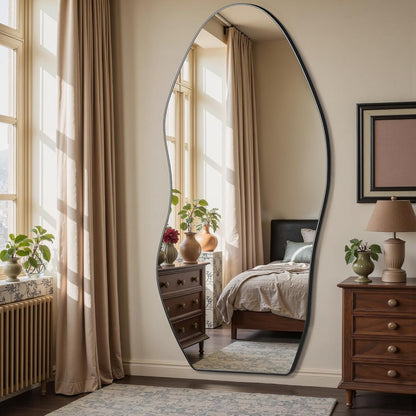Antok Irregular Full Length Mirror, 76"x36" Asymmetrical Floor Mirror with Stand, Standing Hanging Leaning Irregular Mirrors for Bedroom Living Room Entryway, Wavy Shaped, Black