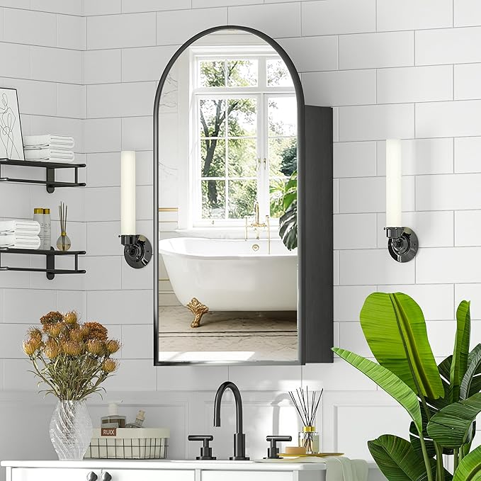 Arched Medicine Cabinet with Mirror, Brushed Black Wall Mounted Bathroom Mirror by Mepplzian