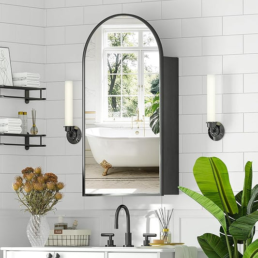 Arched Medicine Cabinet with Mirror, Brushed Black Wall Mounted Bathroom Mirror by Mepplzian