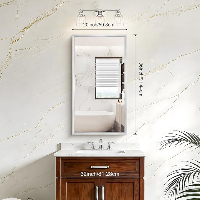 20x36 Silver Bathroom Mirror, Brushed Silver Rectangular Mirror - Image 2