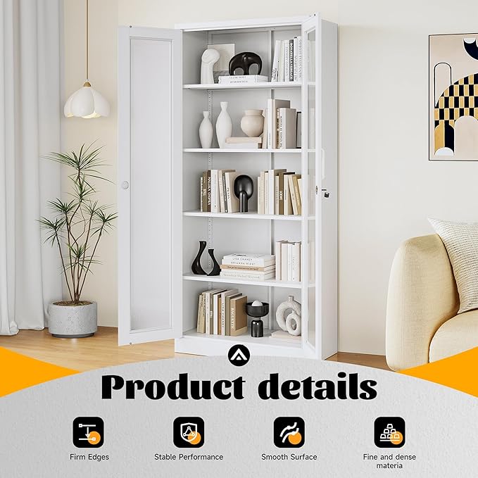 Metal Storage Cabinet with Lock and Glass Doors, Locking Curio Cabinets with 5 - Image 7