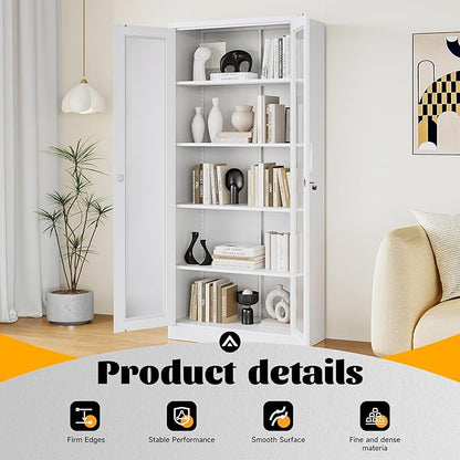 Metal Storage Cabinet with Lock and Glass Doors, Locking Curio Cabinets with 5 - Image 7
