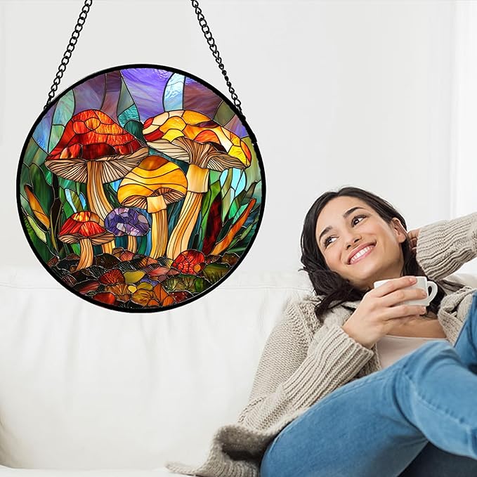 DASTOLL Stained Glass Window Hanging, Jungle Mushrooms Sun Catchers Diamond - Image 2