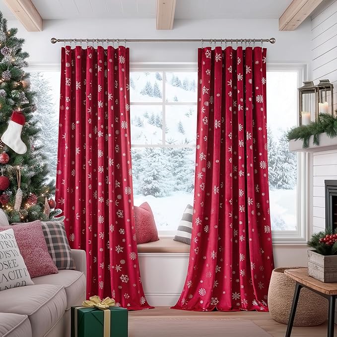 FMFUNCTEX Snowflake Red Christmas Velvet Blackout Curtains - Image 6