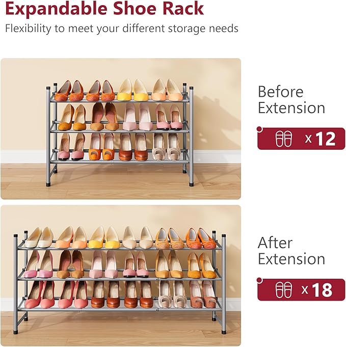 Tajsoon Expandable Shoe Rack for Closet 3 Tier, 28“-41“Adjustable & Stackable - Image 4