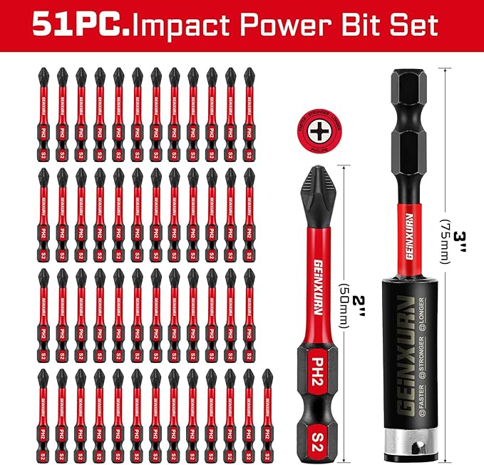 51Pack PH2 2 Inches Impact Tough Anti-Slip Screwdriver Bits, #2 Phillips 1/4 - Image 2
