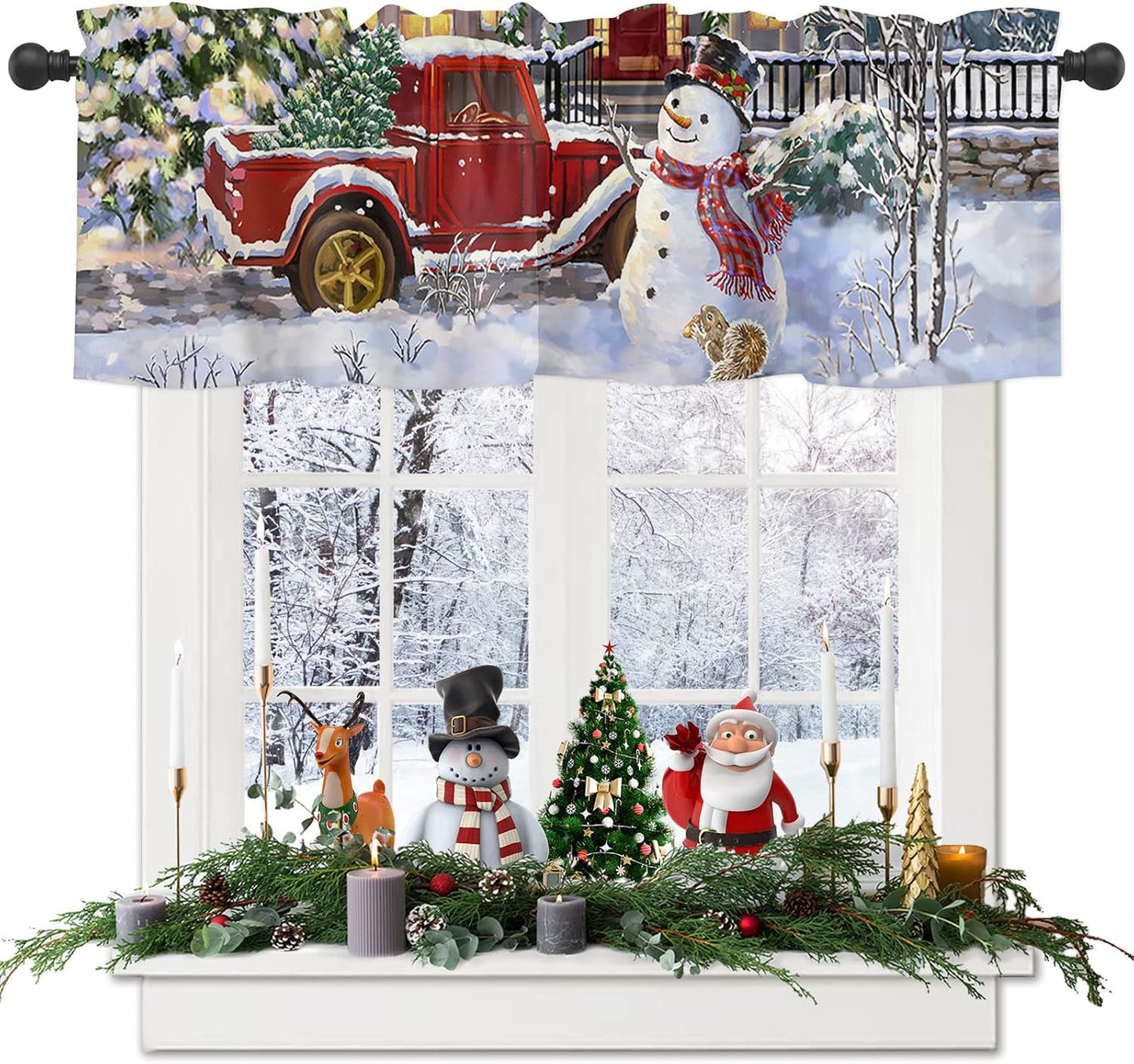 Christmas Curtain For Kitchen Windows Snowman Xmas Kitchen Curtain Valances Red Truck with Christmas Tree Window Curtain Treatment Short Topper Curtains Seasonal Valance Christmas Decor,42 x12 inch