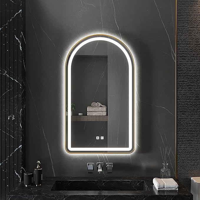 30x40 inch Gold Tempered Glass LED Arched Mirror - Image 2