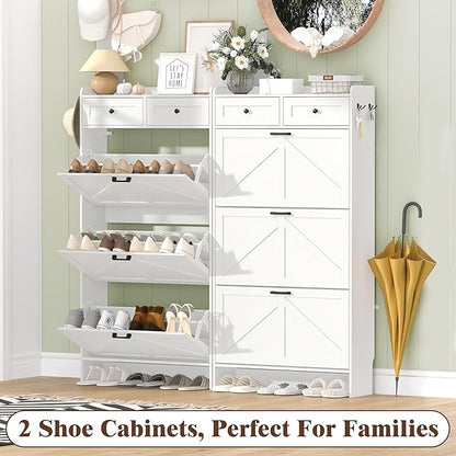 Shoe Cabinet with 3 Flip Drawers & 2 Storage Drawers, Rustic Farmhouse Narrow - Image 9