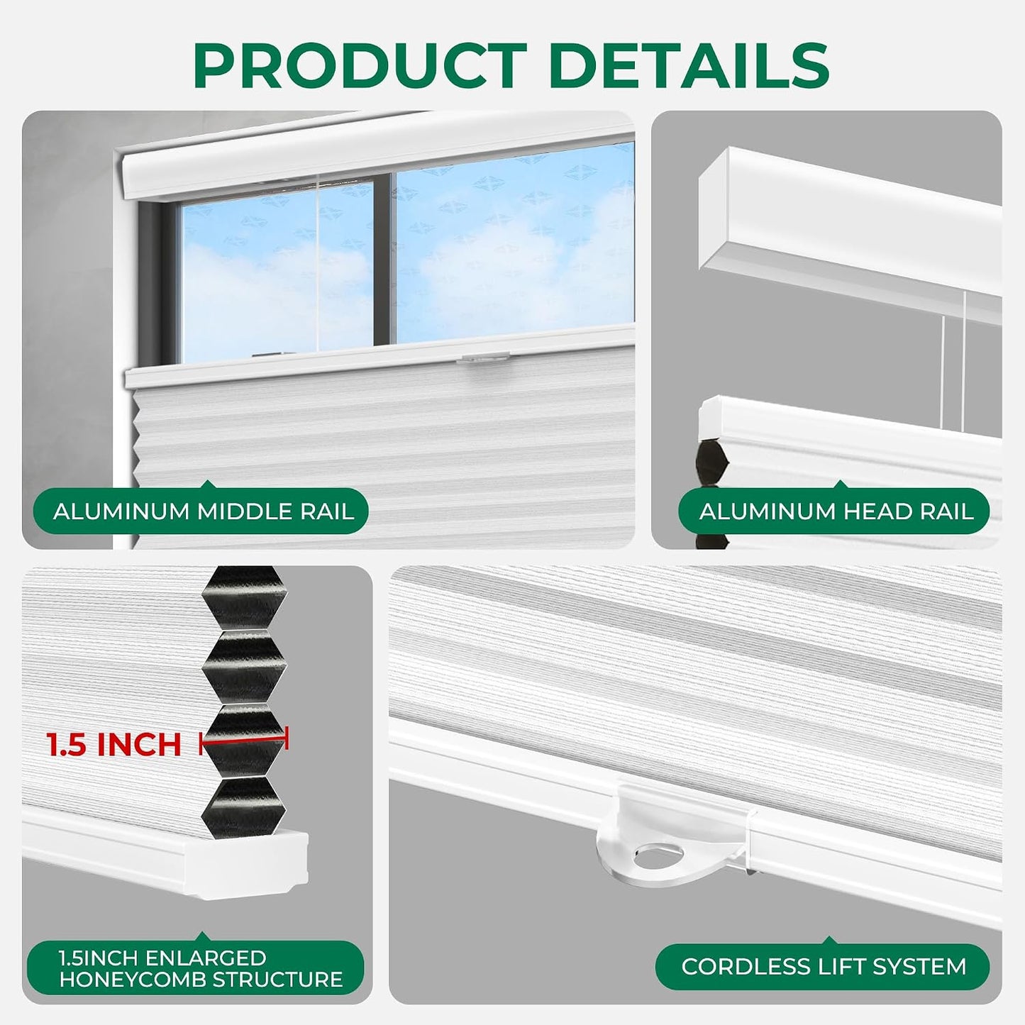 Allesin Top Down Bottom Up Cordless Cellular Shades,Thermal Insulation Honeycomb Blinds for Indoor Windows,(Clear White,34"x60")