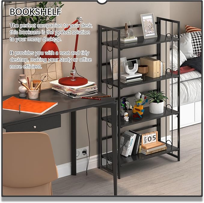 4NM No Assembly 4 Tiers Folding Bookshelf, 47.2" H Foldable Storage Shelves - Image 3
