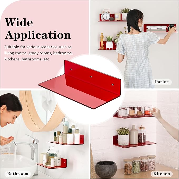 12 Inches Red Small Wall Shelves, Acrylic Bathroom Floating Shelves - Image 6