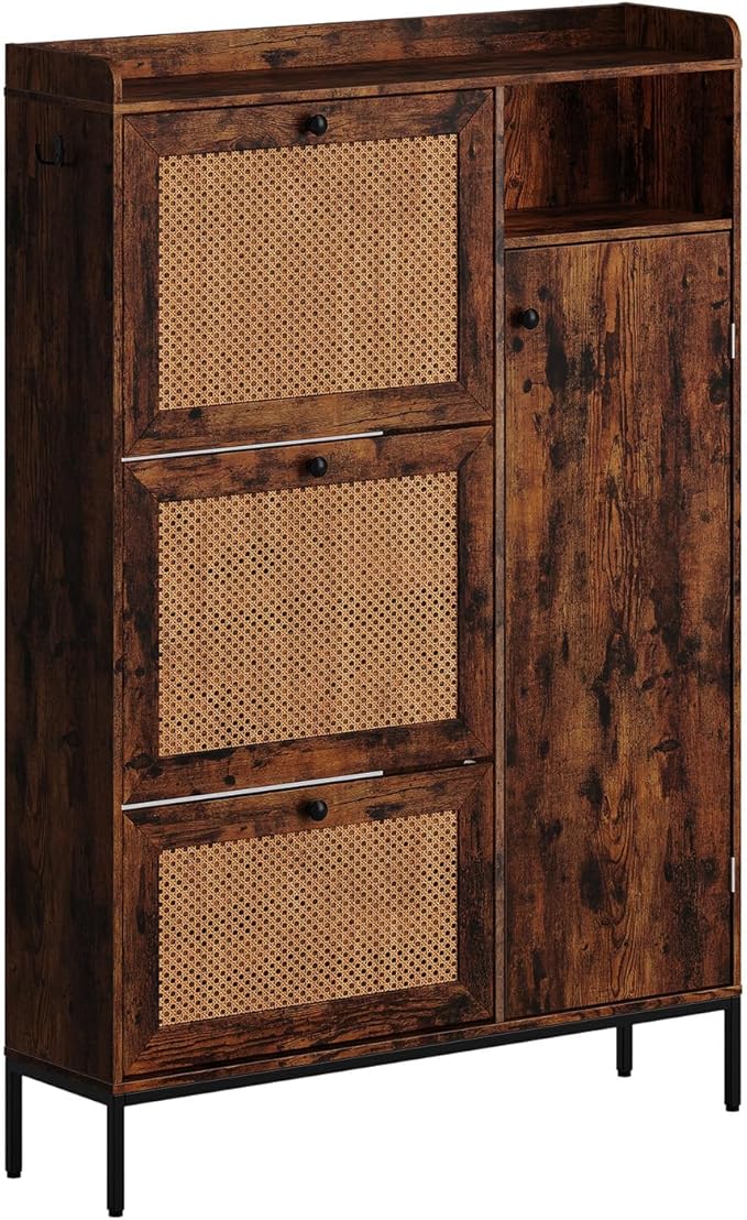 Rattan Wooden Shoe Cabinet, Freestanding 3-Flip Drawer Shoe Storage Organizer - Image 8