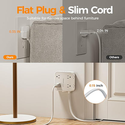 Surge Protector Power Strip, TESSAN Flat Plug Extension Cord - Image 3