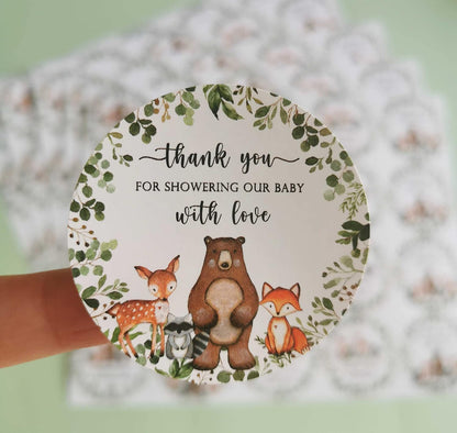 80 Woodland Thank You Favor Stickers, 2" Forest Animals Baby Shower Sticker | Woodland Baby Shower Party Decorations