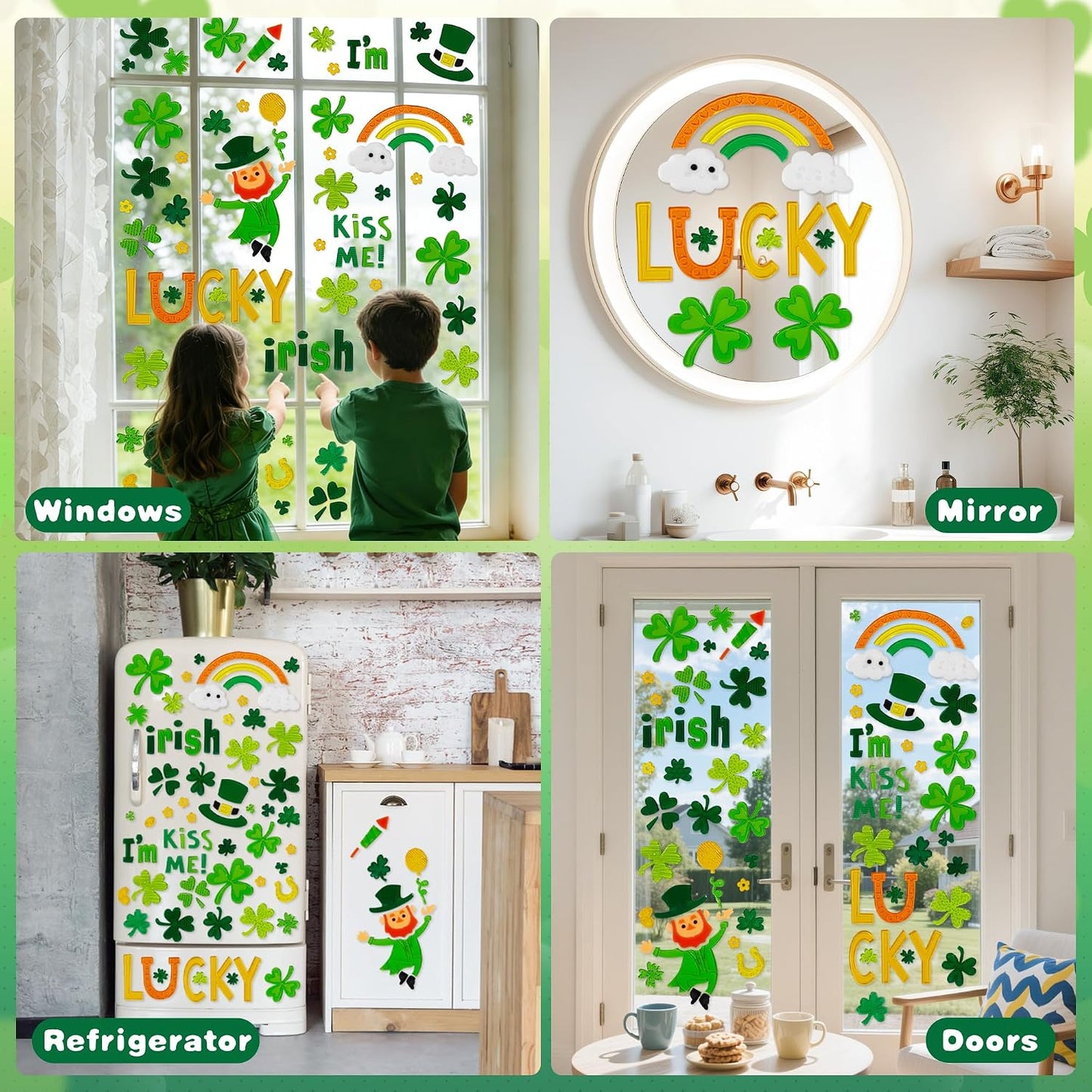6 Pcs St Patricks Day Window clings–Reusable Window Cling for Glass Windows | Reusable window stickers for window clings with Shamrock Irish Rainbow Gnome Gel Window Clings for St Patrick Day Decorations