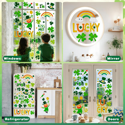 6 Pcs St Patricks Day Window clings–Reusable Window Cling for Glass Windows | Reusable window stickers for window clings with Shamrock Irish Rainbow Gnome Gel Window Clings for St Patrick Day Decorations
