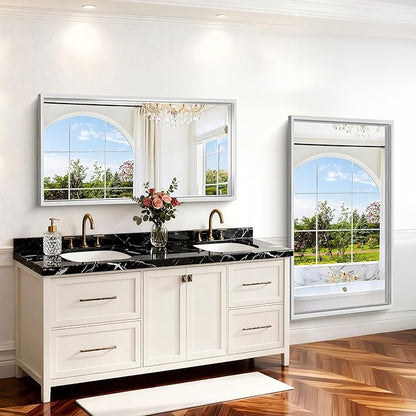 30x55 Silver Bathroom Mirror, Brushed Silver Rectangular Mirror - Image 3