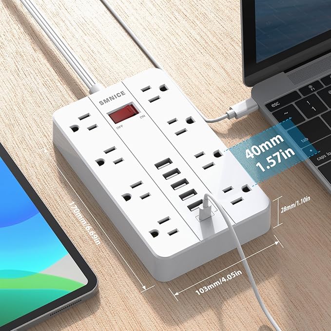 Flat Plug Extension Cord 15 Ft, SMNICE Surge Protector Power Strip - Image 4