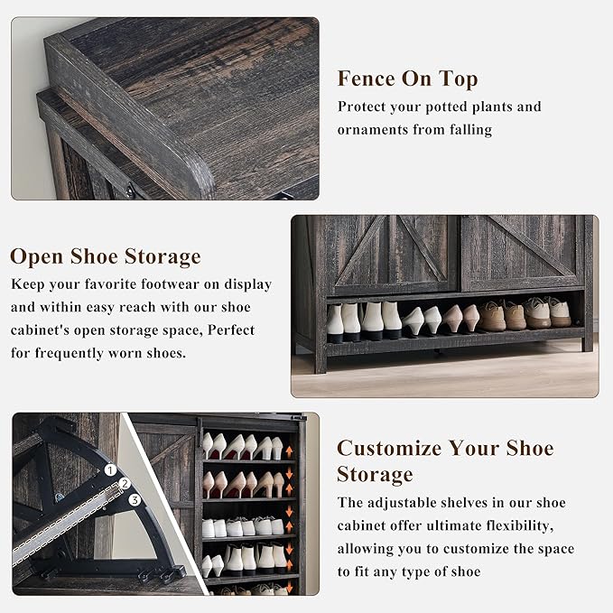 OKD Shoe Storage Cabinet with 2 Flip Drawers & Sliding Door, Farmhouse Entryway - Image 6