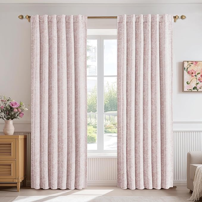 Beauoop Pink Floral Jacquard Blackout Curtains 96 Inches Long 2 Panels - Image 2