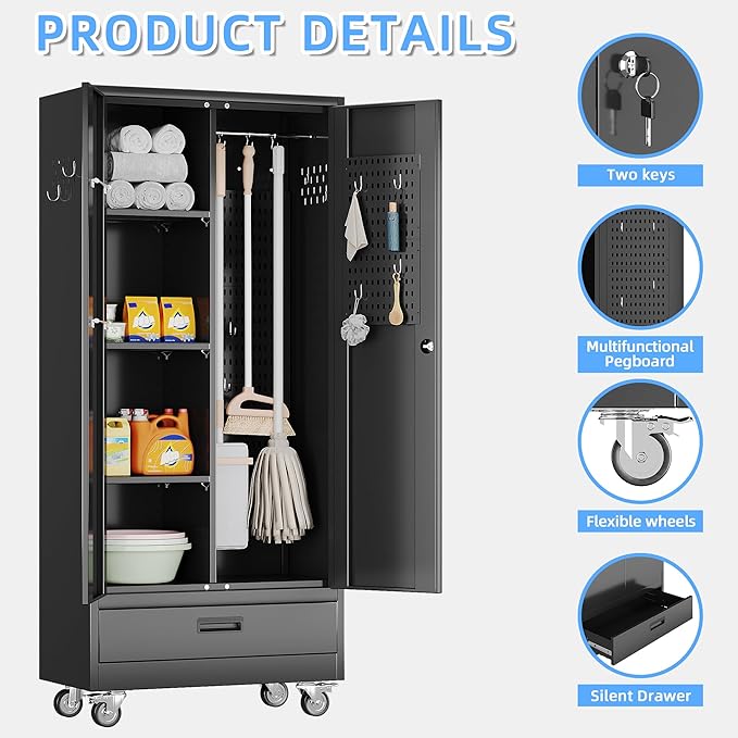 SUXXAN Broom Closet with Wheels 71"x 31.5"x15.75", Metal Cleaning Cabinets with - Image 4