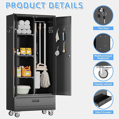 SUXXAN Broom Closet with Wheels 71"x 31.5"x15.75", Metal Cleaning Cabinets with - Image 4