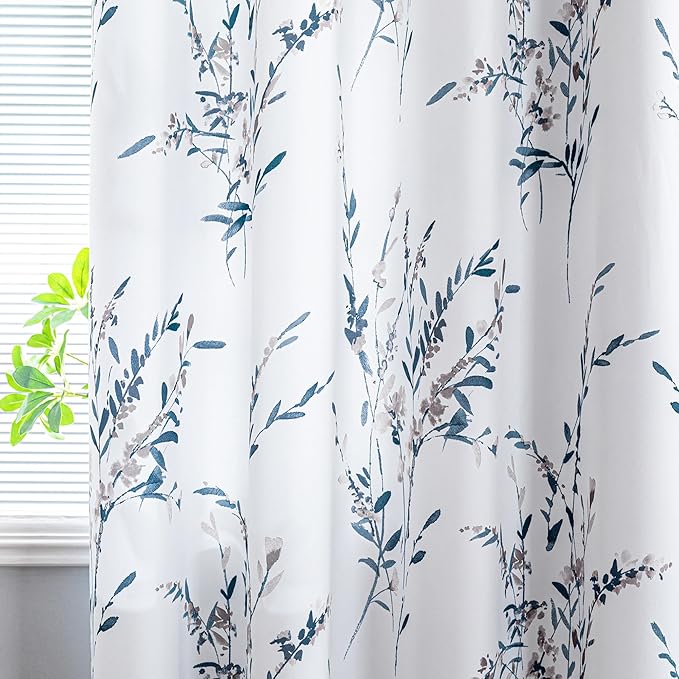 MYSKY HOME Blue and White Floral Curtains 84 Inch Long Leaf Pattern Grommet - Image 3