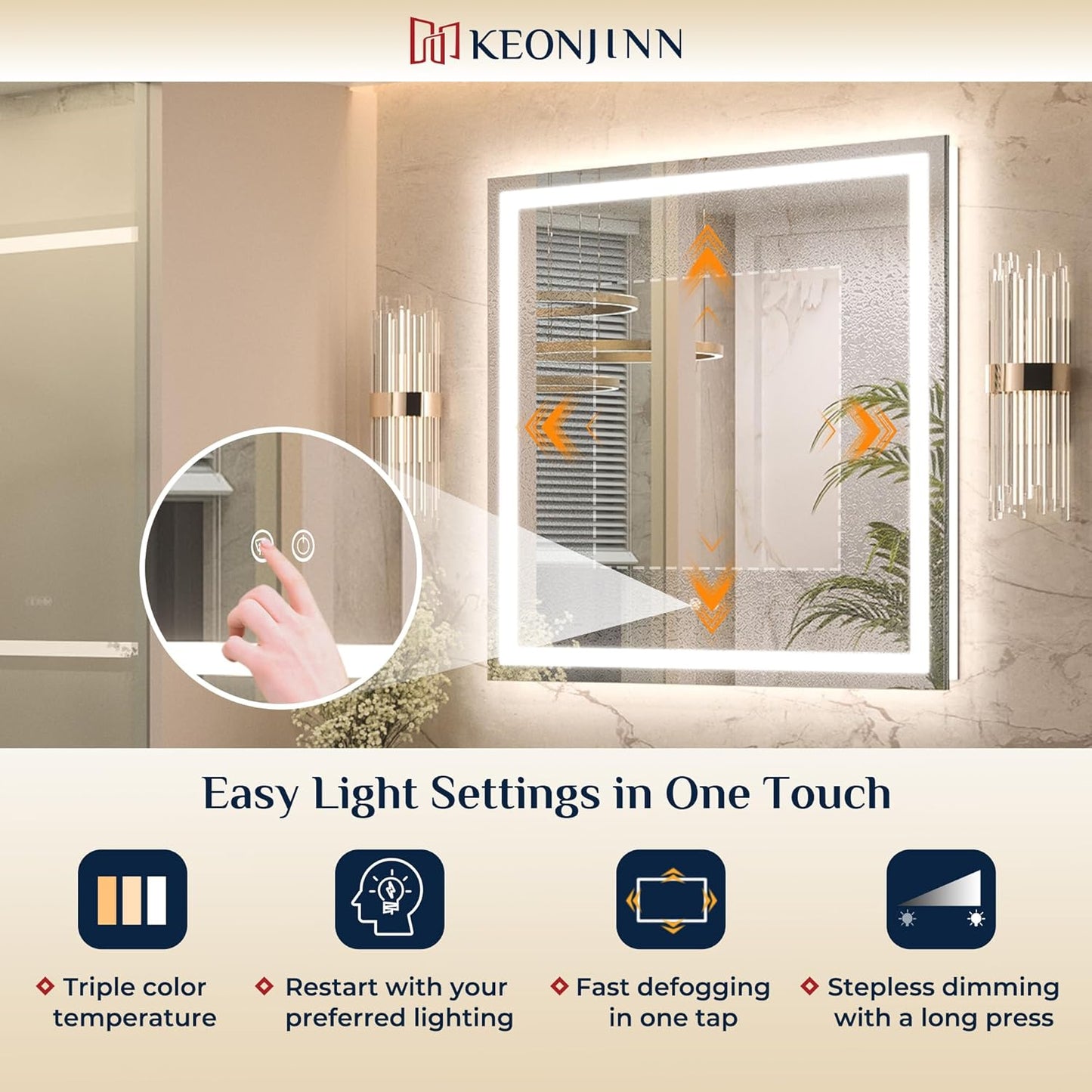 Keonjinn 24x36 Inch LED Bathroom Mirror with Lights, Frontlit & Backlit | Lighted Bathroom Mirror, 3-Color Temperature & Stepless Dimmable Lighting, Fast & Safe Defogging, Effortless Installation