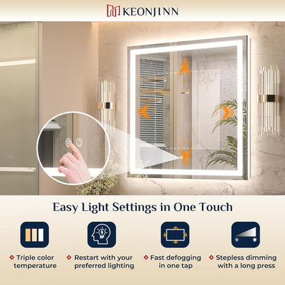 Keonjinn 24x36 Inch LED Bathroom Mirror with Lights, Frontlit & Backlit | Lighted Bathroom Mirror, 3-Color Temperature & Stepless Dimmable Lighting, Fast & Safe Defogging, Effortless Installation