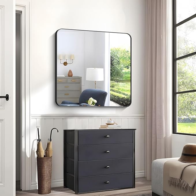 Black Bathroom Mirrors for Wall, Rounded Corner Metal Frame Wall Mirror - Image 3