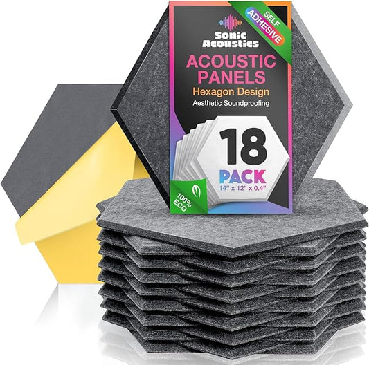 Self-Adhesive 18 Pack Hexagon Acoustic Panels, Beveled Edge Sound Proof by SonicAcoustics