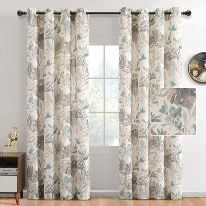 MYSKY HOME Floral Curtains 80 inches Long for Bedroom Patio Sliding Door Light Filtering Privacy Curtains for Wide Window Living Room, 2 PCs, Brown and Natural, 52" Wide