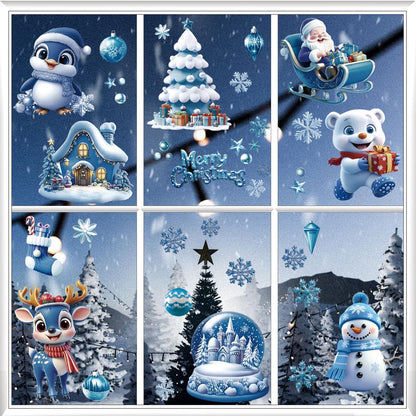 Christmas Window Clings 106Pcs, 2026 New Double Sided Christmas Window Stickers, Xmas Snowman Santa Claus Reindeer Snowflakes for Holiday Party Home Office Classroom Window Decals Decorations (Blue)