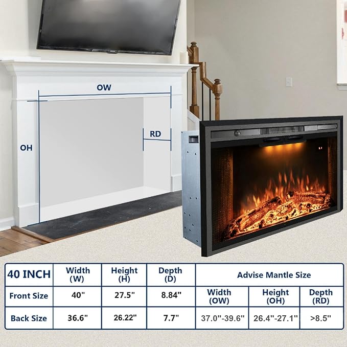 40“ Electric Fireplace Insert, 750W/1500W Fireplace Heater - Image 5