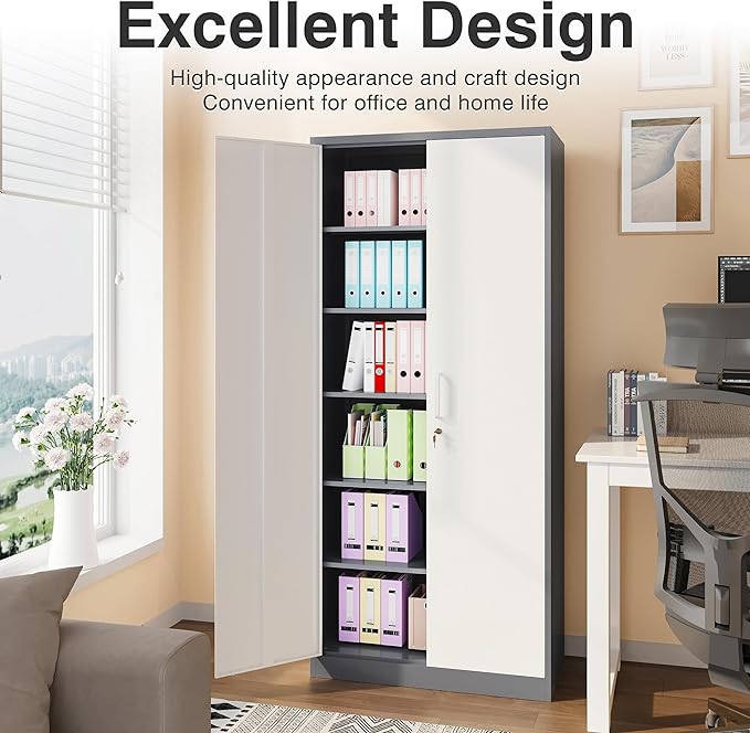 Metal Storage Cabinet with 2 Doors and 6 Shelves, Locking File Cabinet - Image 4