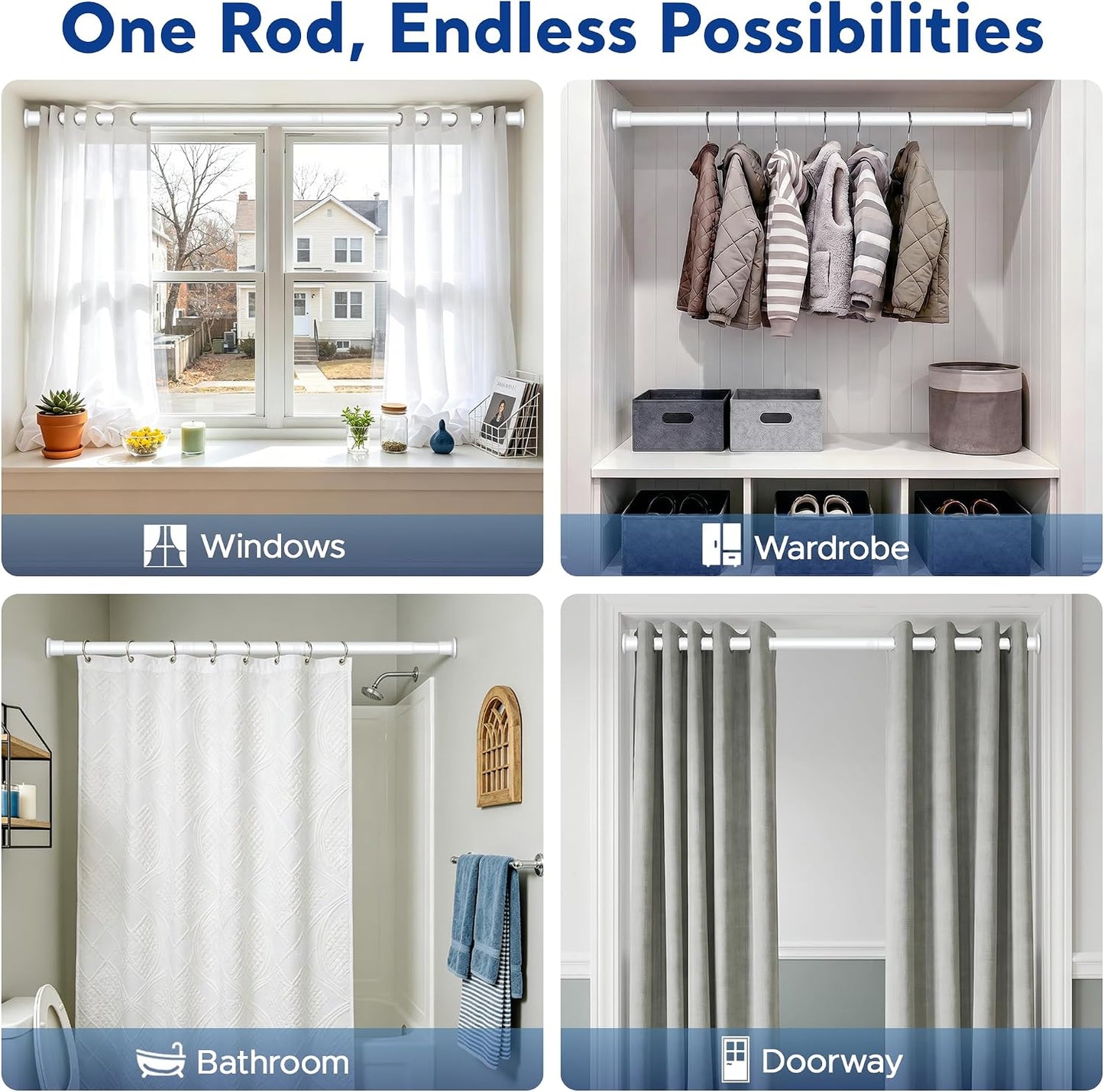 BSLXLSX Tension Curtain Rod 28-48 Inch,No Drill,1" Diameter,White | Adjustable‑Length, Firmly Fixed, No Slip,For Windows, Bathrooms, Hallways and Room Division,Also Works As Shower Curtain Rod