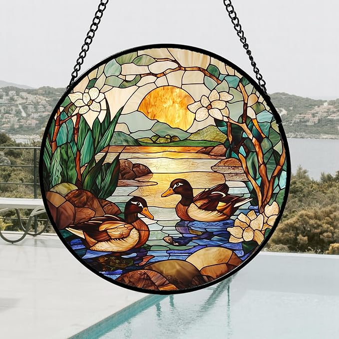 AMDERVEN Stained Glass Window Hanging, Ducks in The Pond Sun Catcher - Image 4