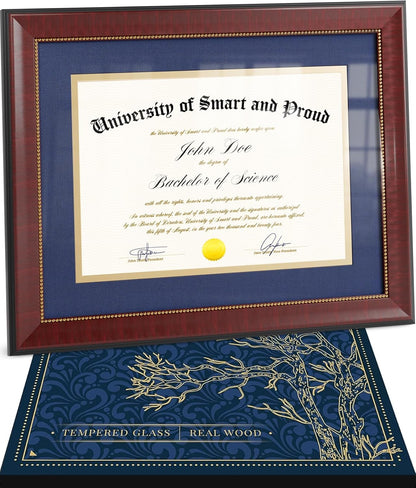 Wooden College Diploma Frame 8.5 x 11 with Mat (Blue /w Golden Rim) — Real Wood, Real Glass — Gift-Ready Packed Graduation Gift — Certificate Holder — Document Frame For Bachelors and Masters Degree