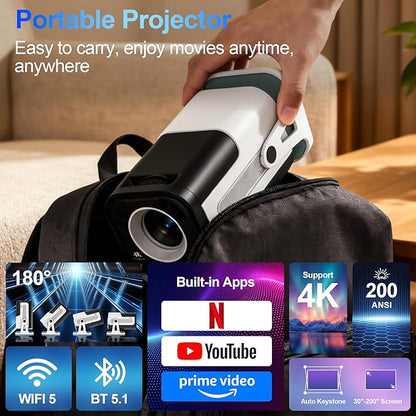 Mini Projector with Dual 5G WiFi and Bluetooth, Built-in App Smart Portable - Image 3