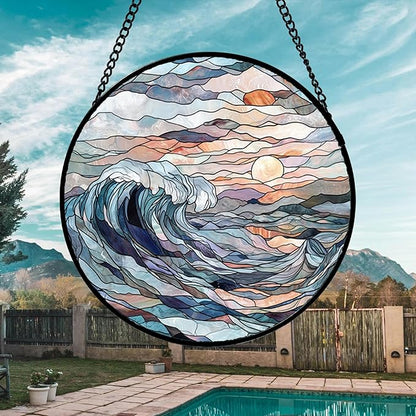 DASTOLL Stained Glass Window Hanging, Sunrise Waves Sun Catchers Diamond Glass - Image 3