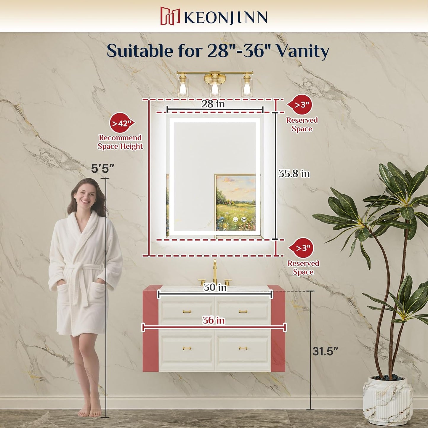 Keonjinn Beveled Bathroom Mirror with Lights 28" x 36", Frontlit & Backlit | HD Tempered Glass, Lighted Mirrors for Bathroom Wall, 3 Color Lights, Fast Defogging, Stepless Dimmable, Wall Switch/Plug in