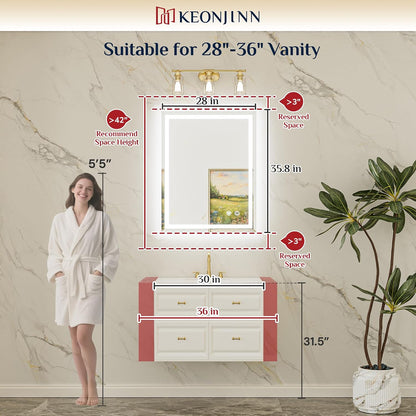 Keonjinn Beveled Bathroom Mirror with Lights 28" x 36", Frontlit & Backlit | HD Tempered Glass, Lighted Mirrors for Bathroom Wall, 3 Color Lights, Fast Defogging, Stepless Dimmable, Wall Switch/Plug in